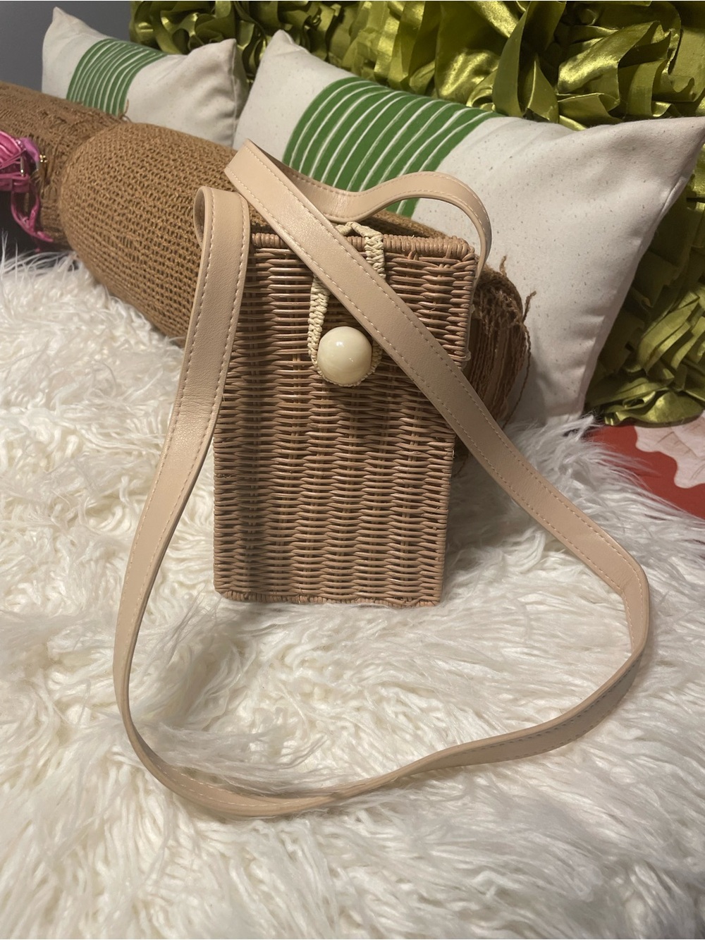 Lucky Brand Woven Tan Crossbody with Cream Strap